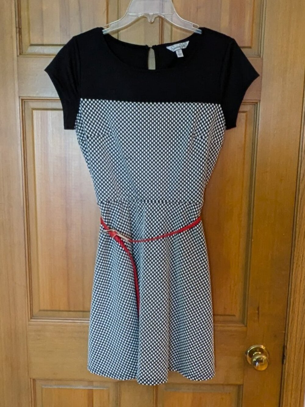Speechless A-Line Colorblock Polka Dot Dress with Red Belt - Size L